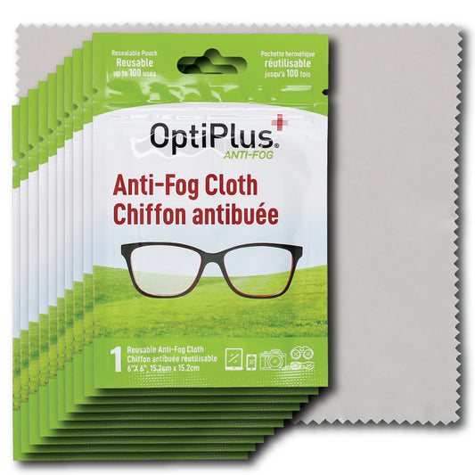 OptiPlus anti-fog cloth in pack closeup showing quick fog reduction