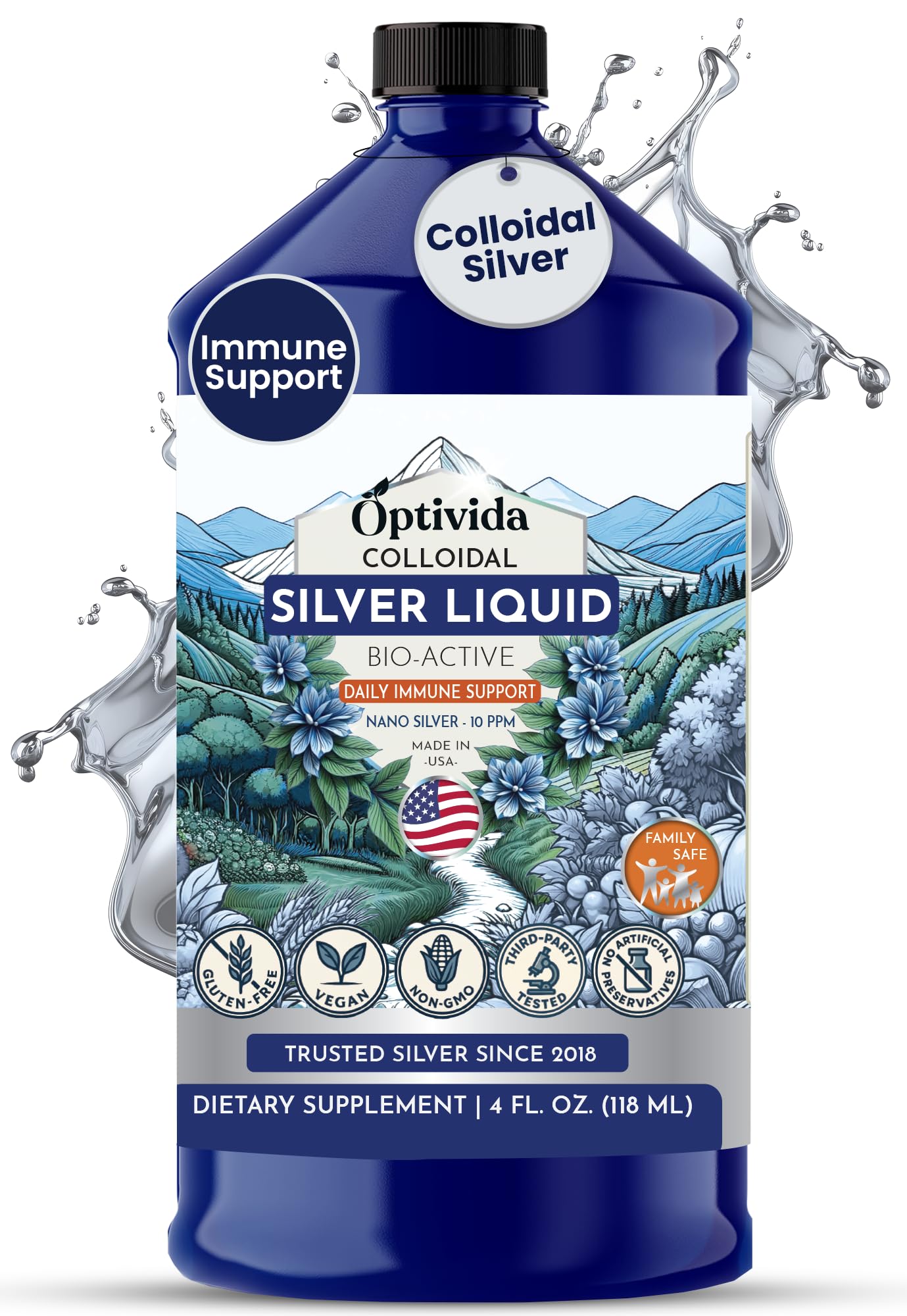 Optivida colloidal silver liquid bottle with 10ppm label for daily wellness