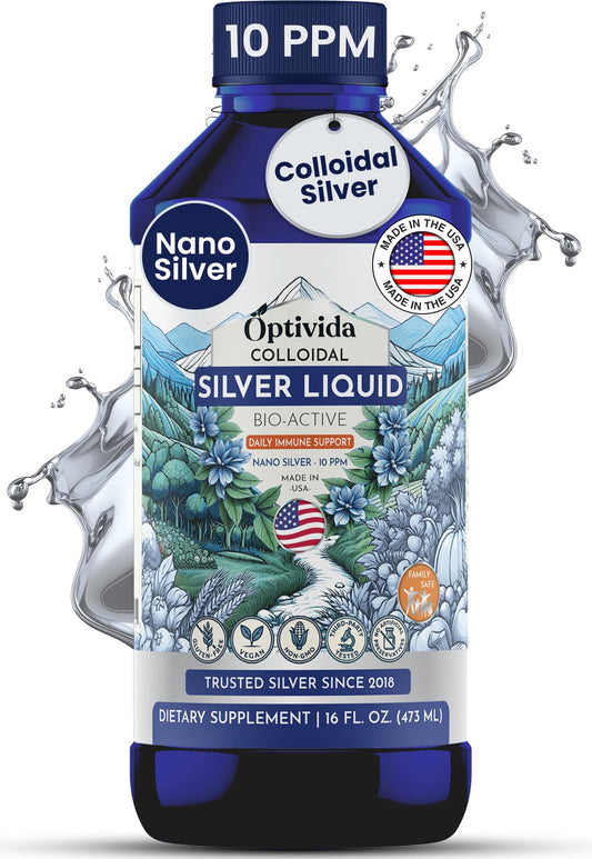 OPTIVIDA Colloidal Silver Liquid bottle pour shows neutral taste for easy daily use.