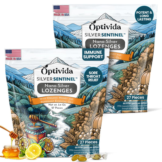 OPTIVIDA Nano Colloidal Silver Lozenges front pack for easy immune-support on the go.