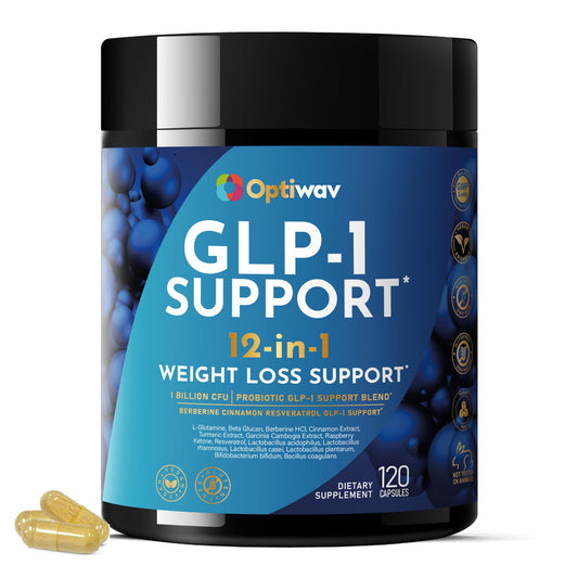 Optiwav GLP-1 Support bottle with capsules for daily wellness and balanced appetite.