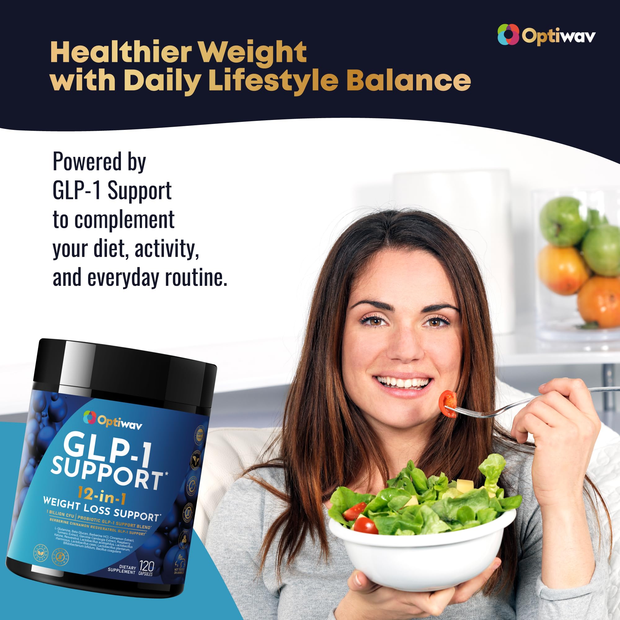 Optiwav GLP-1 Support daily-use reminder concept with neatly arranged capsules.
