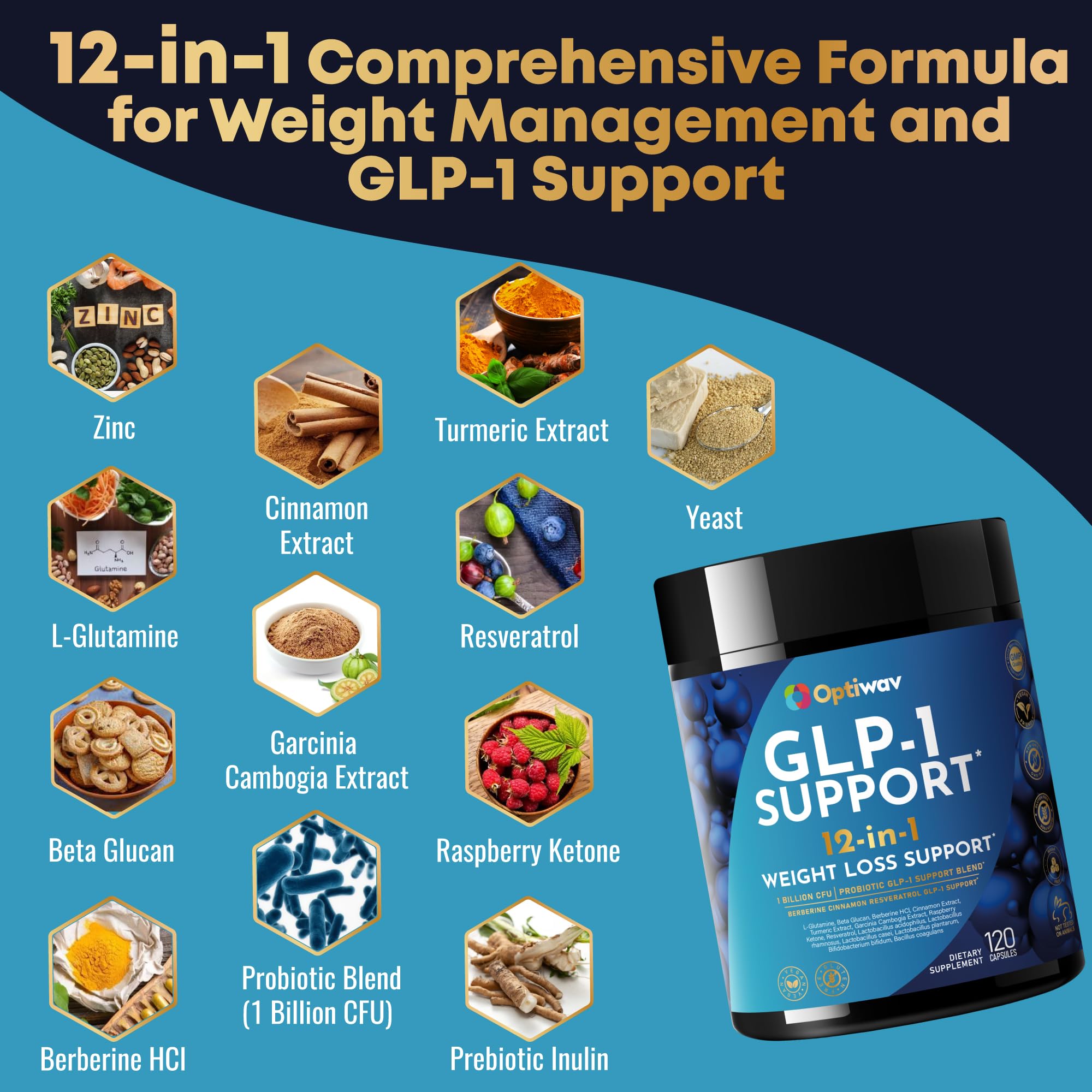 Optiwav GLP-1 Support label detail emphasizes vegan, clean formula.