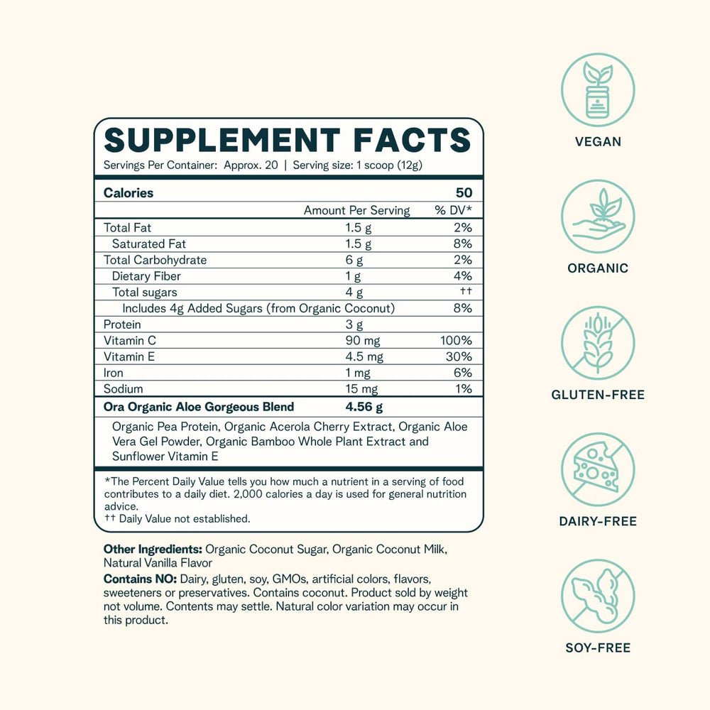 Ora Organic Aloe Gorgeous oats mix, boosts morning nutrition and collagen support.
