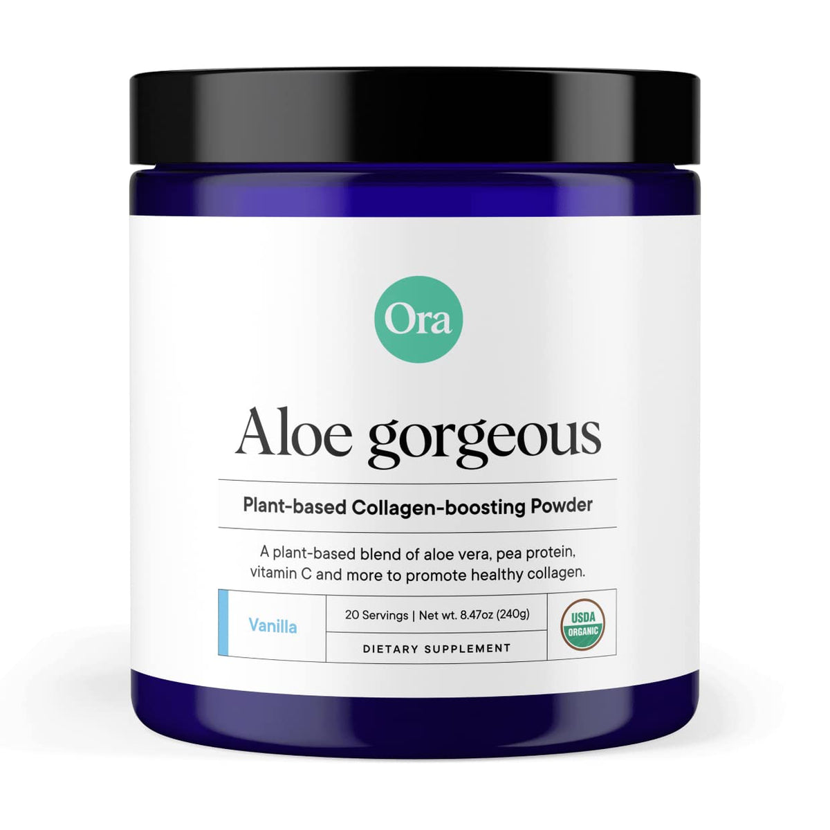 Ora Organic Aloe Gorgeous powder tub, vegan collagen support for skin and nails.