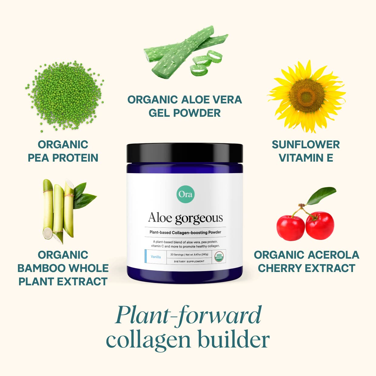 Ora Organic Aloe Gorgeous scoop with powder for convenient daily vegan boost.