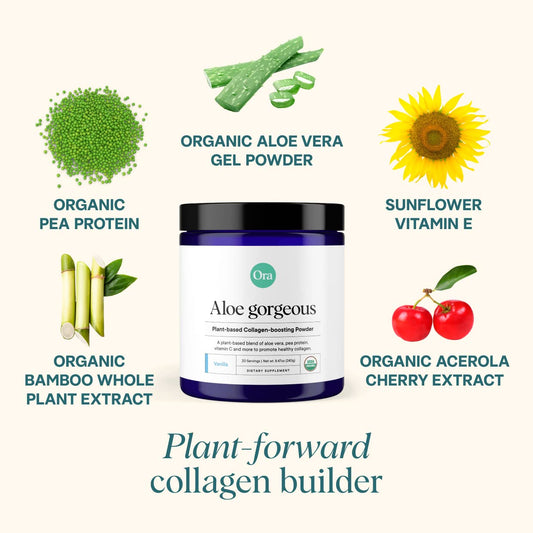 Ora Organic Aloe Gorgeous scoop with powder for convenient daily vegan boost.