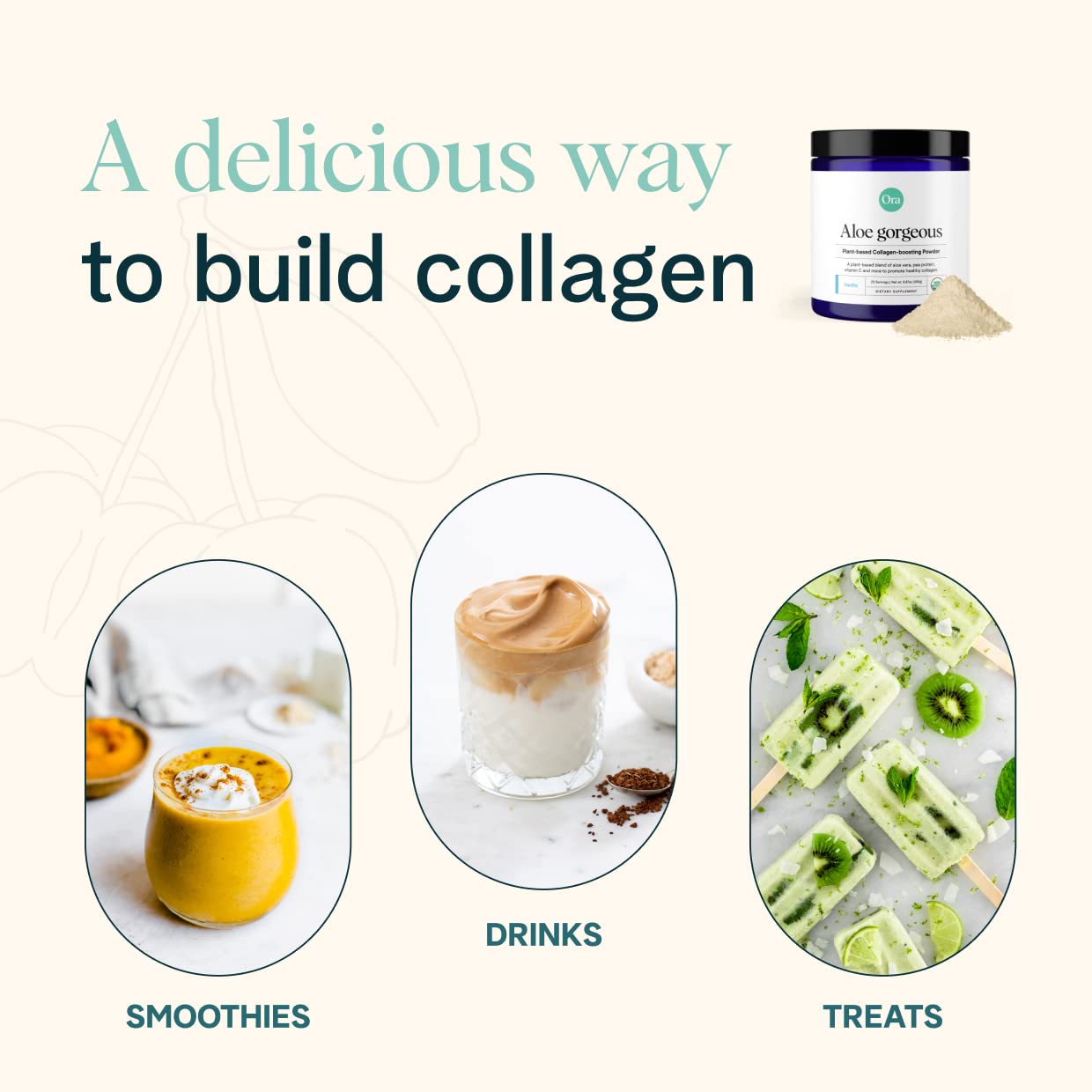 Ora Organic Aloe Gorgeous vanilla shake glass, creamy texture and plant-based collagen support.