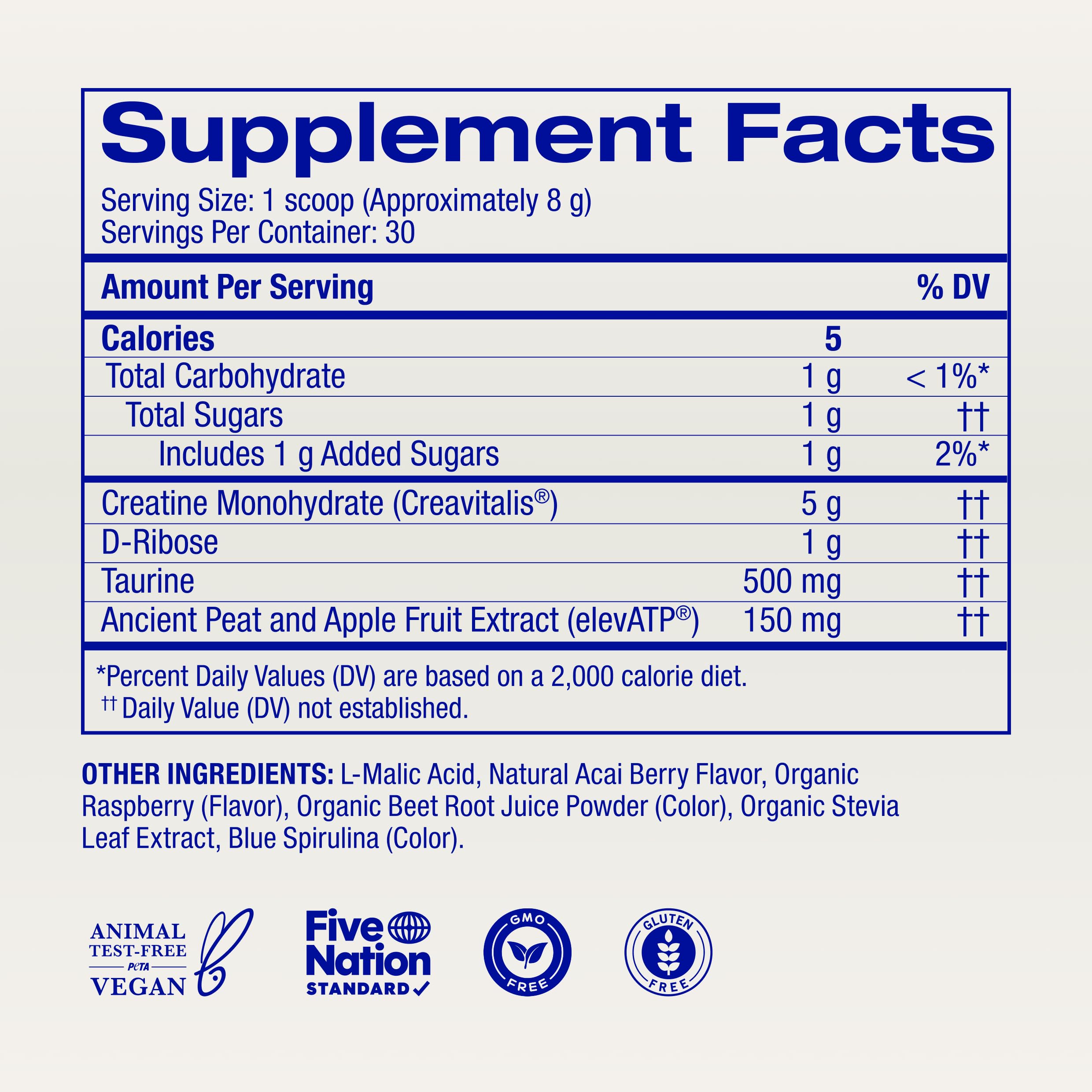 Ora Organic creatine monohydrate taurine section near nutrition label indicating hydration aid