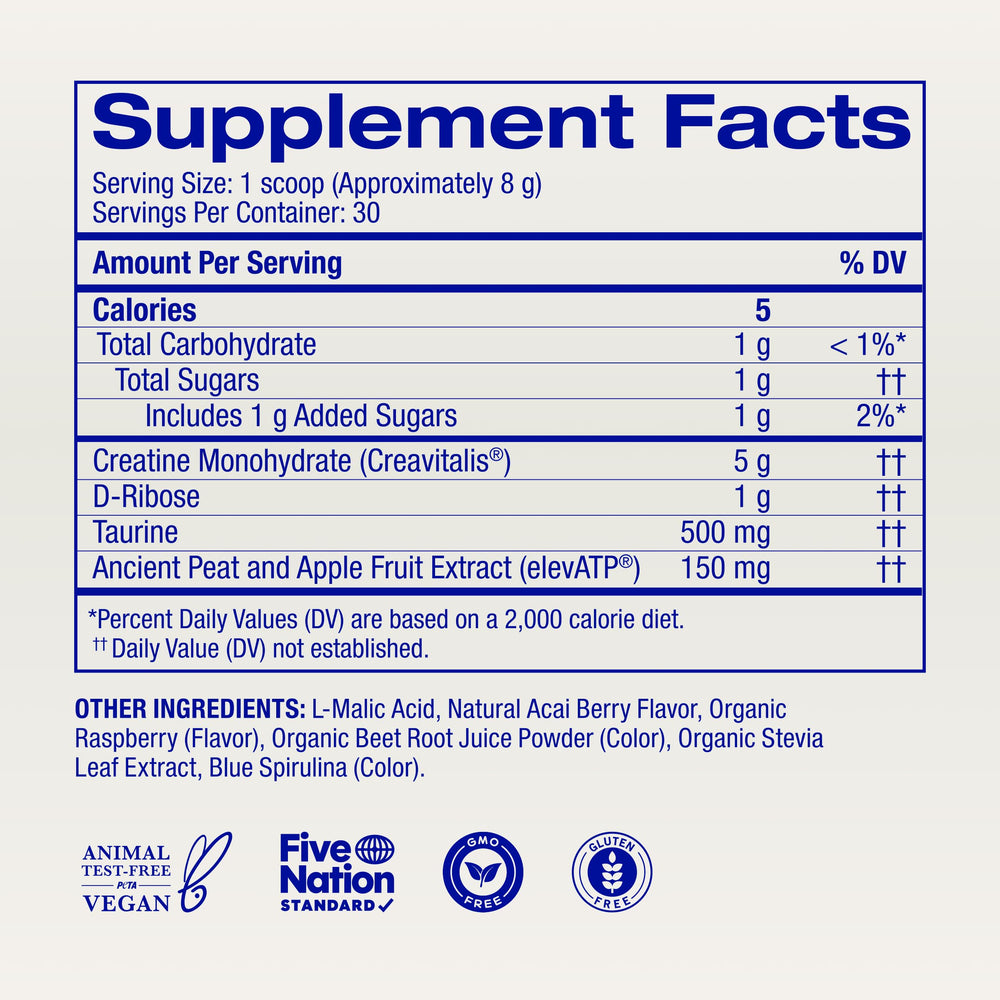 Ora Organic creatine monohydrate taurine section near nutrition label indicating hydration aid