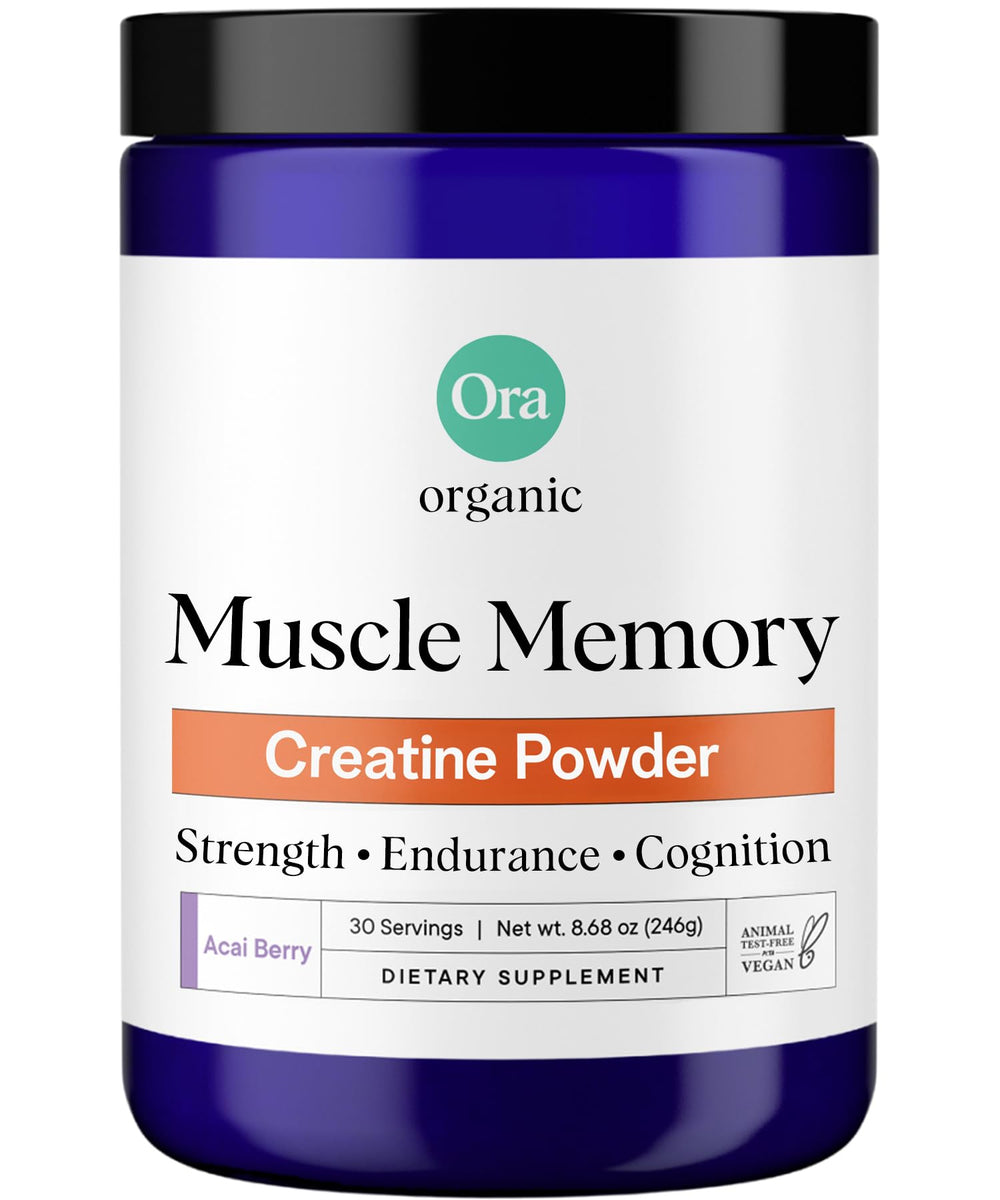 Ora Organic creatine monohydrate tub front highlighting German-sourced Creavitalis for smooth mixability