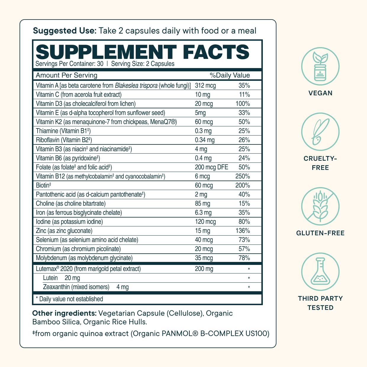 Ora Organic Modern Multi bottle back label highlighting vegan ingredients and quality.