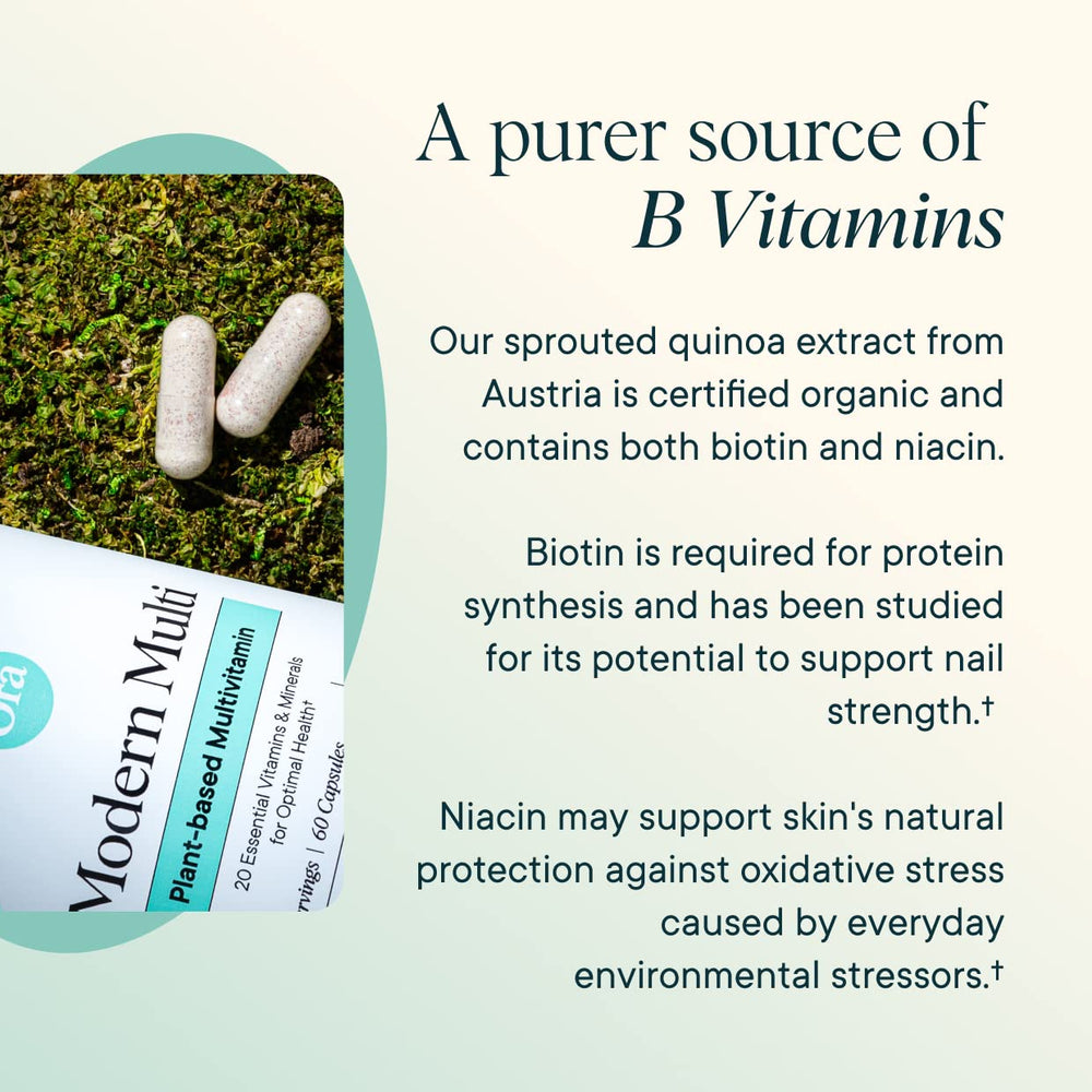 Ora Organic Modern Multi capsules closeup showing energy-supporting nutrients.