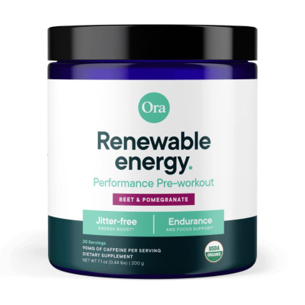 Ora Organic Berry Beet pre-workout powder tub with vegan energy for workouts