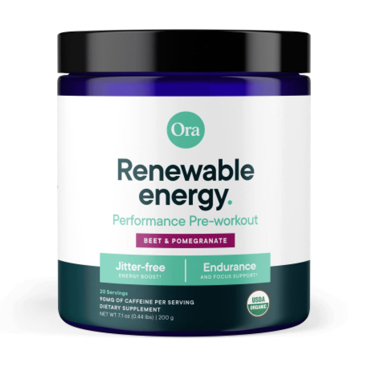 Ora Organic Berry Beet pre-workout powder tub with vegan energy for workouts