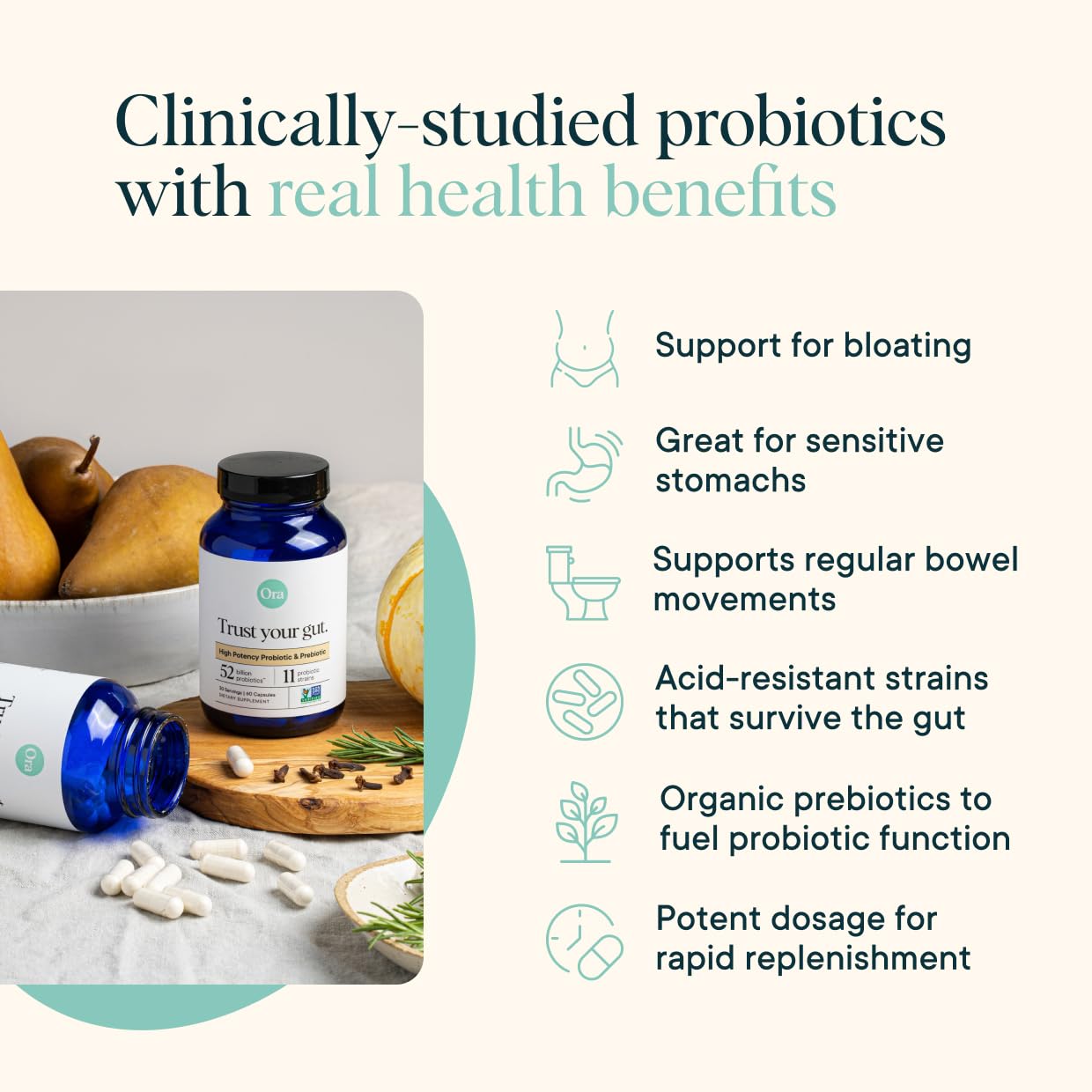 Ora Organic Probiotics capsules close‑up showing high potency