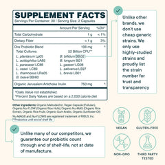 Ora Organic Probiotics prebiotic label featuring Jerusalem Artichoke Inulin for gut fuel