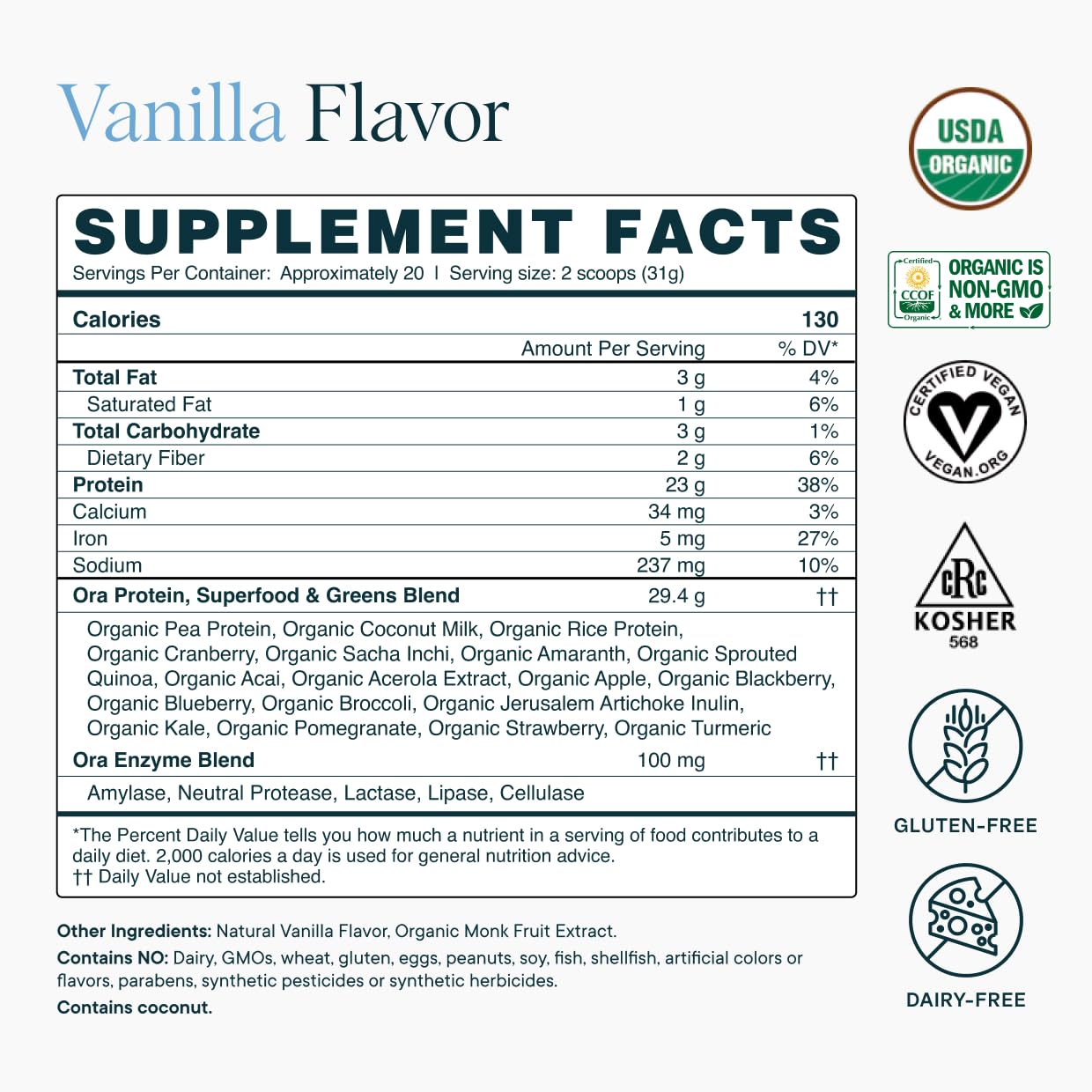 Ready-to-use serving pack of Ora Organic vanilla protein powder