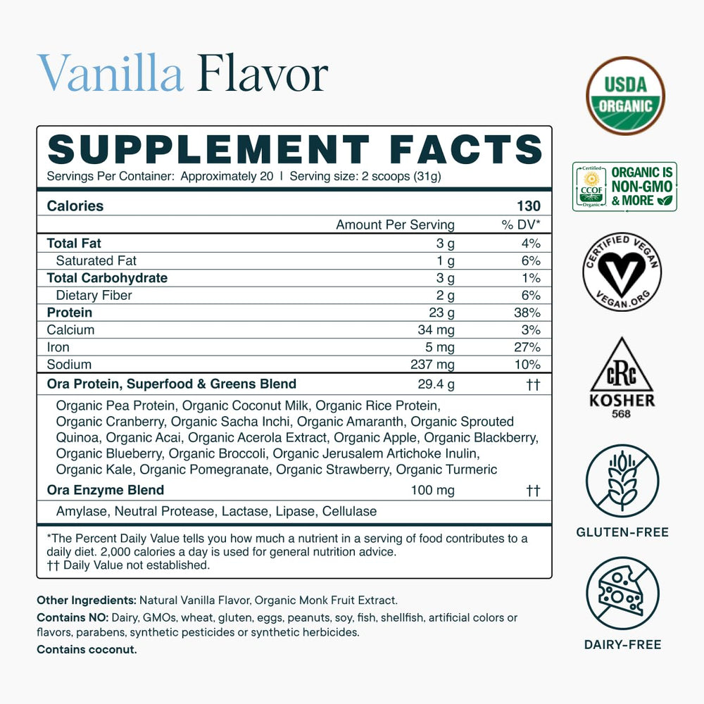Ready-to-use serving pack of Ora Organic vanilla protein powder