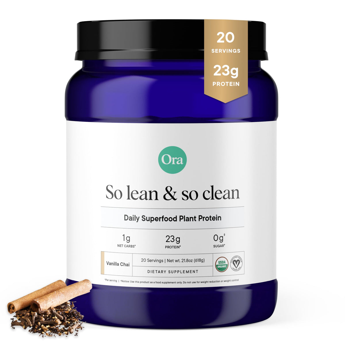 Ora Organic Vanilla Chai protein powder jar ready for post-workout recovery