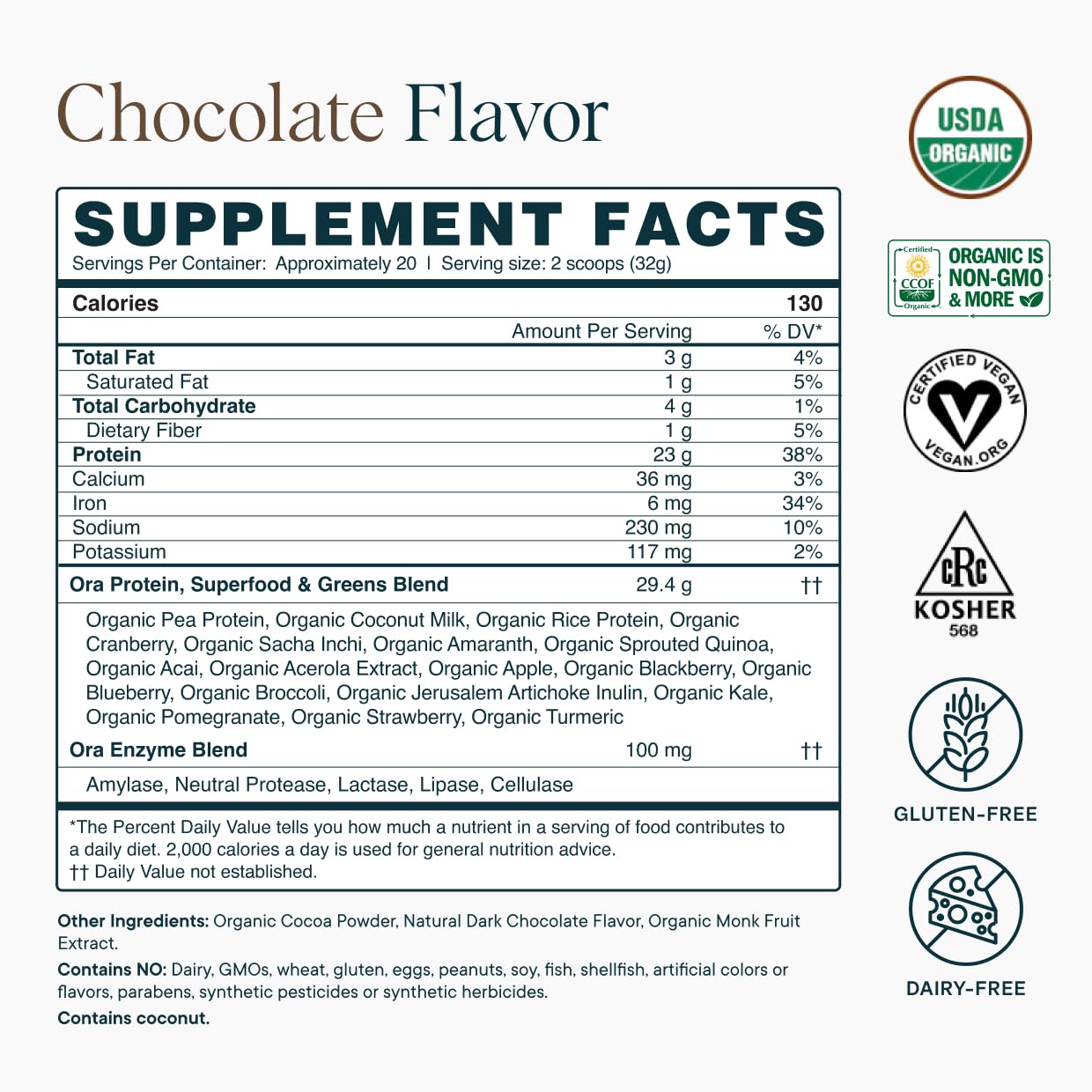 Ora Organic vegan protein powder chocolate kitchen scene suggesting convenient daily use
