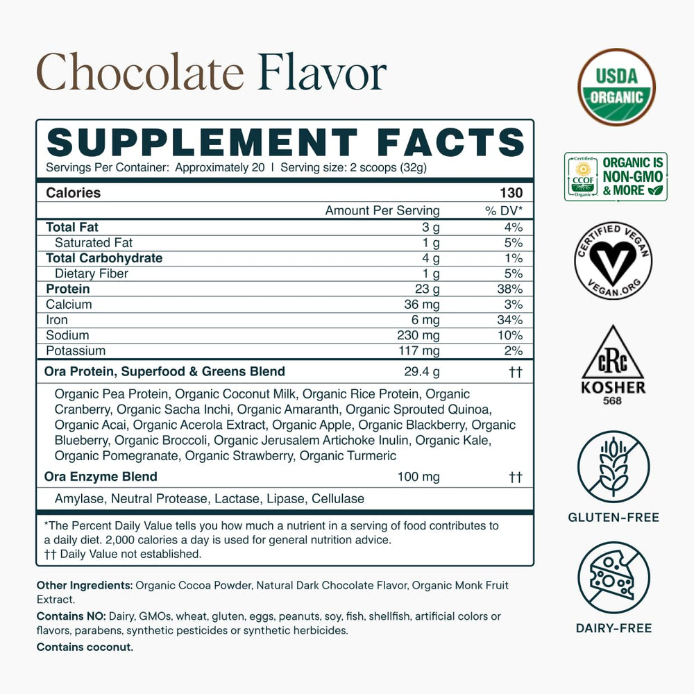 Ora Organic vegan protein powder chocolate kitchen scene suggesting convenient daily use