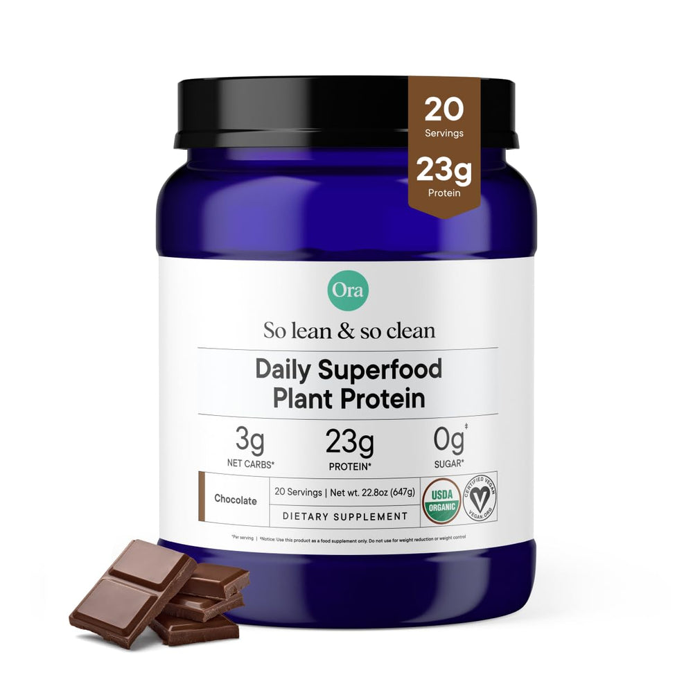 Ora Organic vegan protein powder chocolate tub shown, highlighting protein-rich plant base and flavor