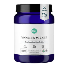 Ora Organic vegan protein powder tub front showcases organic ingredients for clean nutrition.