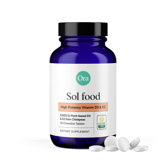 Ora Organic Vitamin D3 5000IU + K2 bottle against a clean backdrop, supporting bone health.