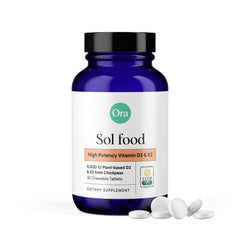 Ora Organic Vitamin D3 5000IU + K2 bottle against a clean backdrop, supporting bone health.