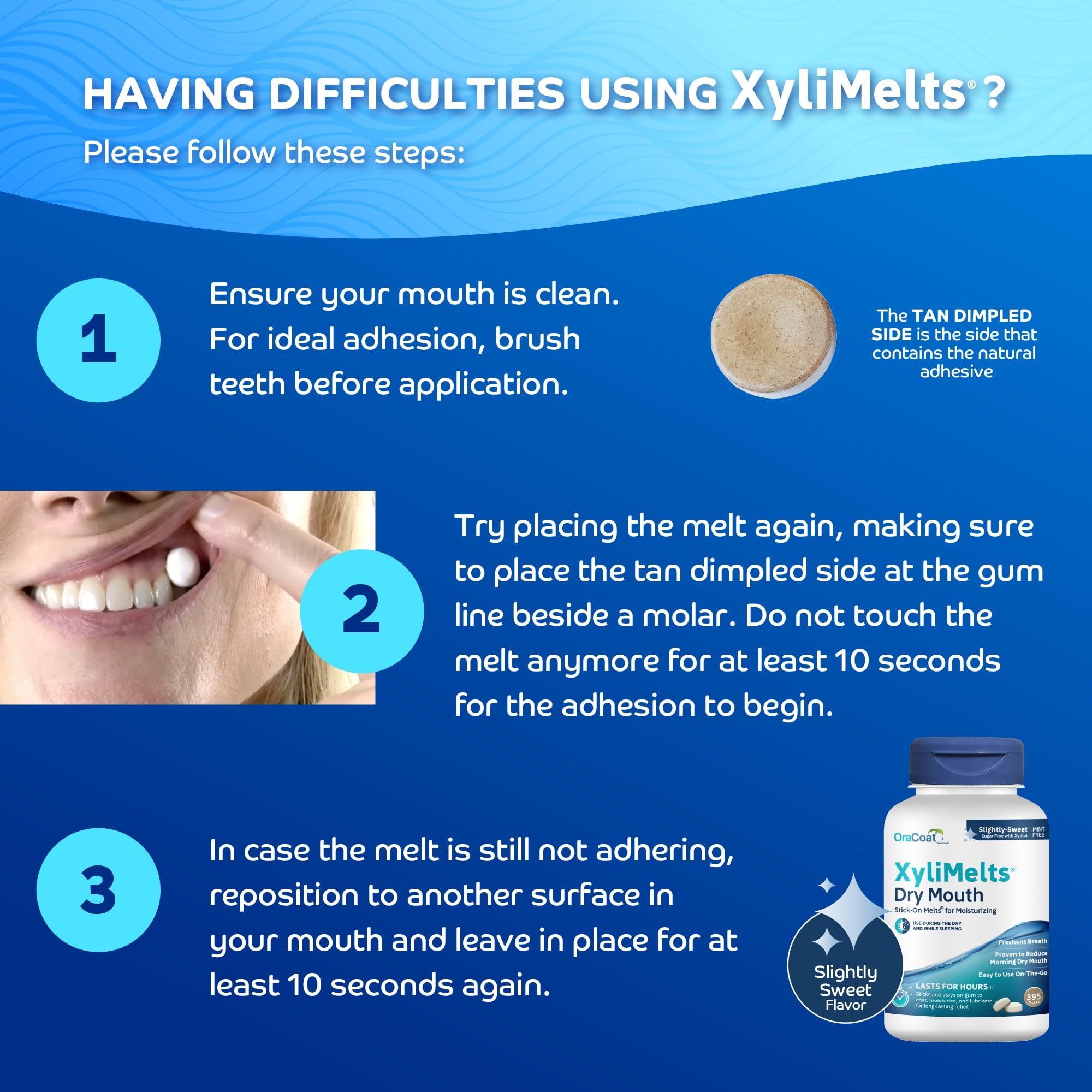 Oracoat XyliMelts sugar-free xylitol packet supports saliva flow.