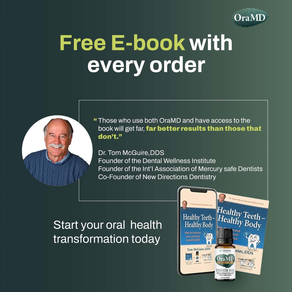 Product box showing usage instructions for OraMD 4-in-1 Tooth Oil.