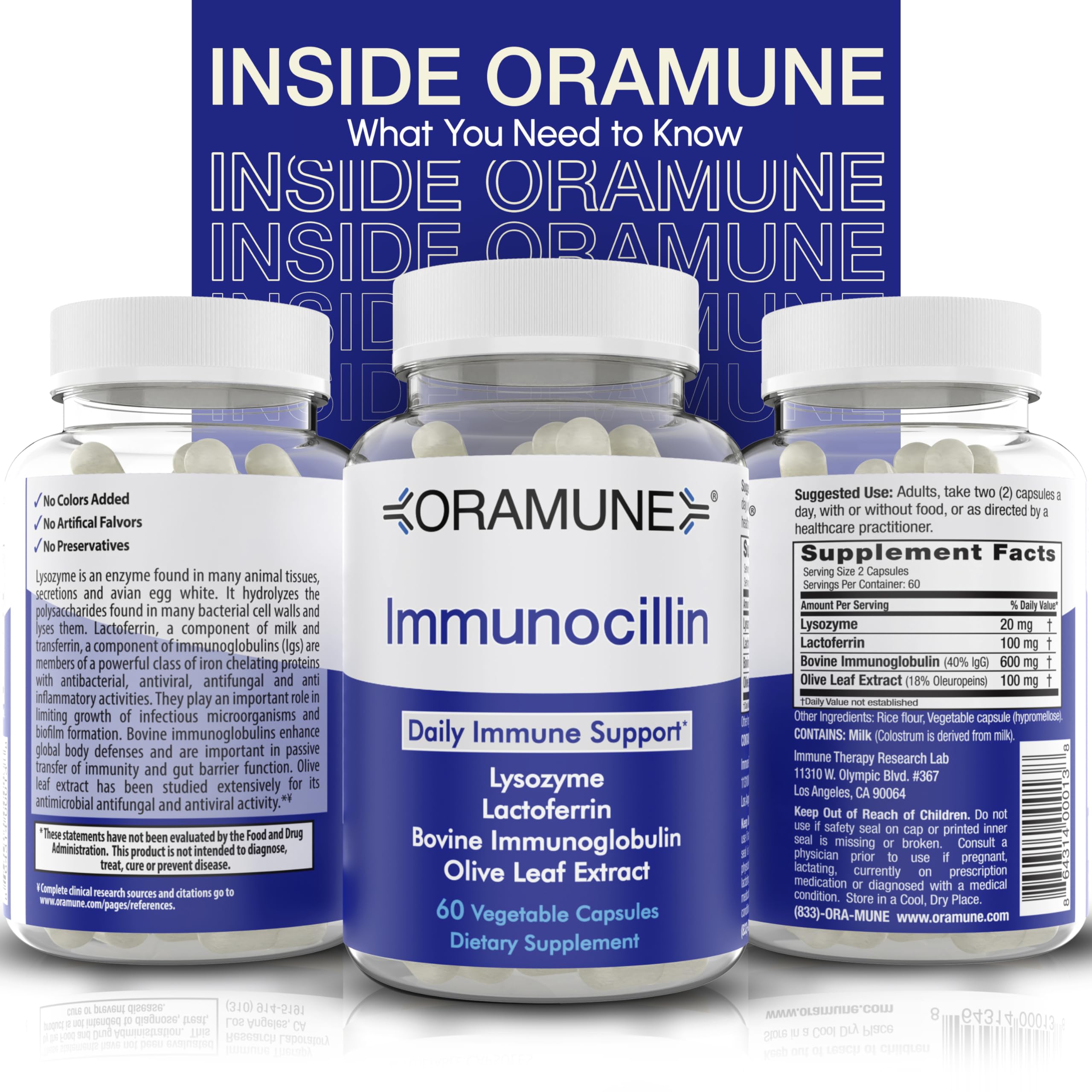 Oramune packaging held during routine demonstrates convenient 60-capsule supply.