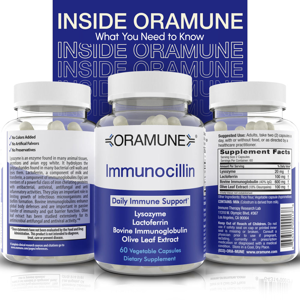 Oramune packaging held during routine demonstrates convenient 60-capsule supply.