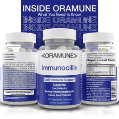 Oramune packaging held during routine demonstrates convenient 60-capsule supply.