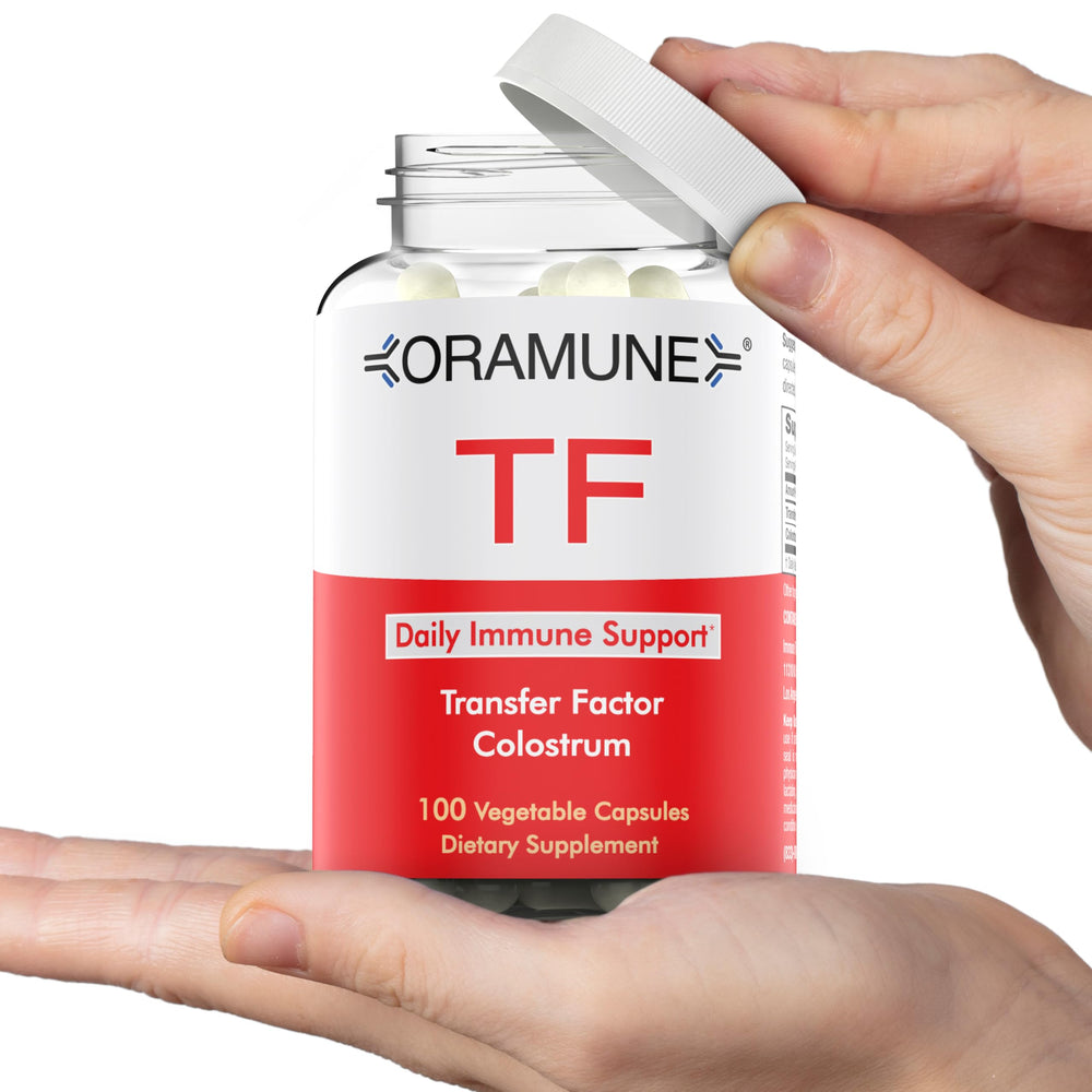 Oramune colostrum capsules closeup highlighting antibodies and natural support