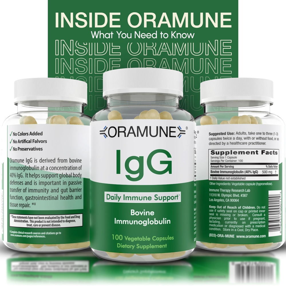 Oramune glossy bottle close-up focusing on label design.