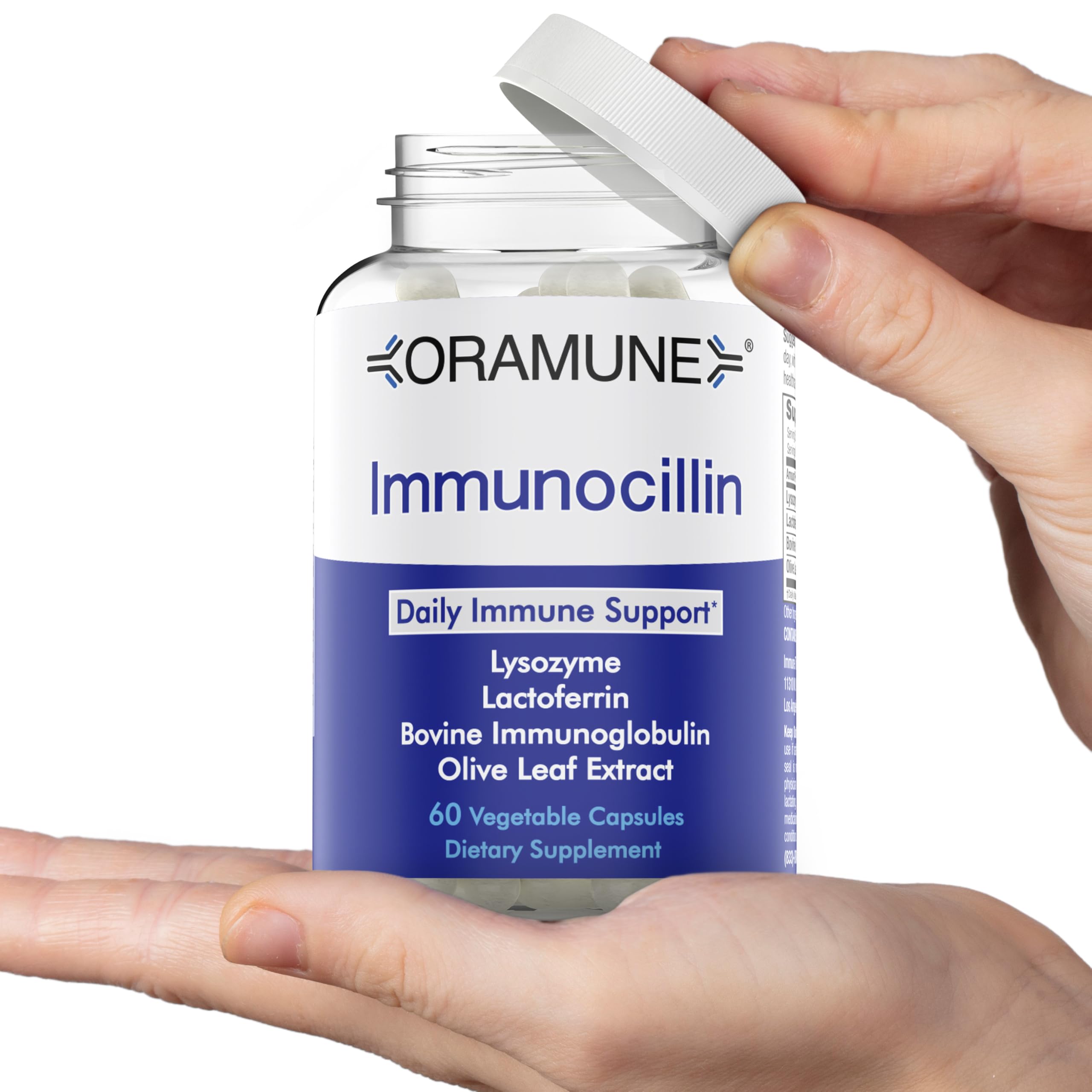Oramune ImmunoCillin lysozyme capsules close-up highlights easy-to-swallow capsules.