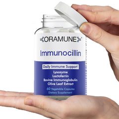 Oramune ImmunoCillin lysozyme capsules close-up highlights easy-to-swallow capsules.