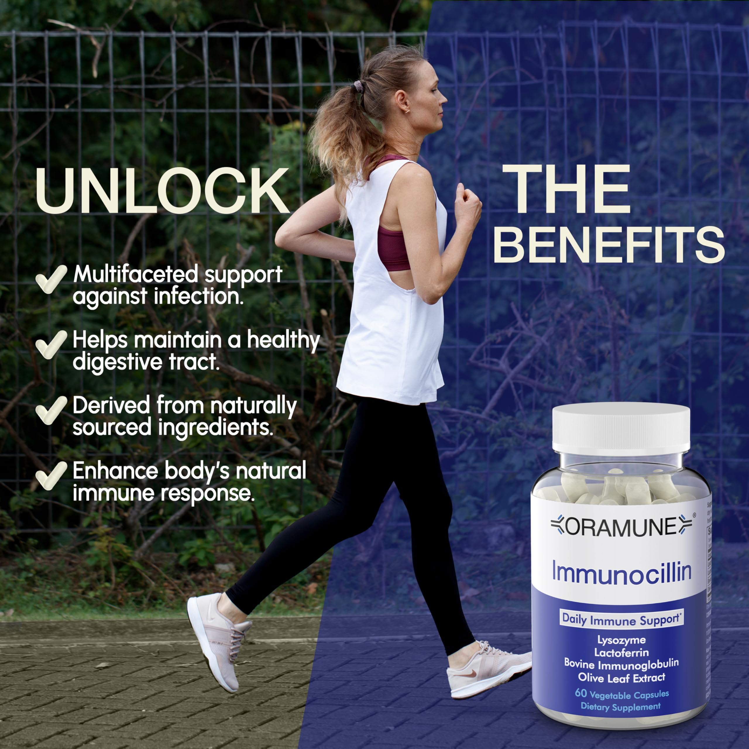 Oramune lactoferrin capsule detail emphasizes multi‑tasking immune functions.