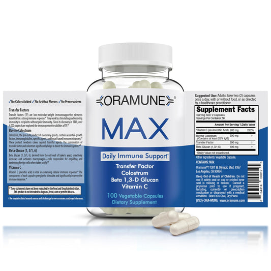 Oramune Max Support bottle front showing label for immune support.