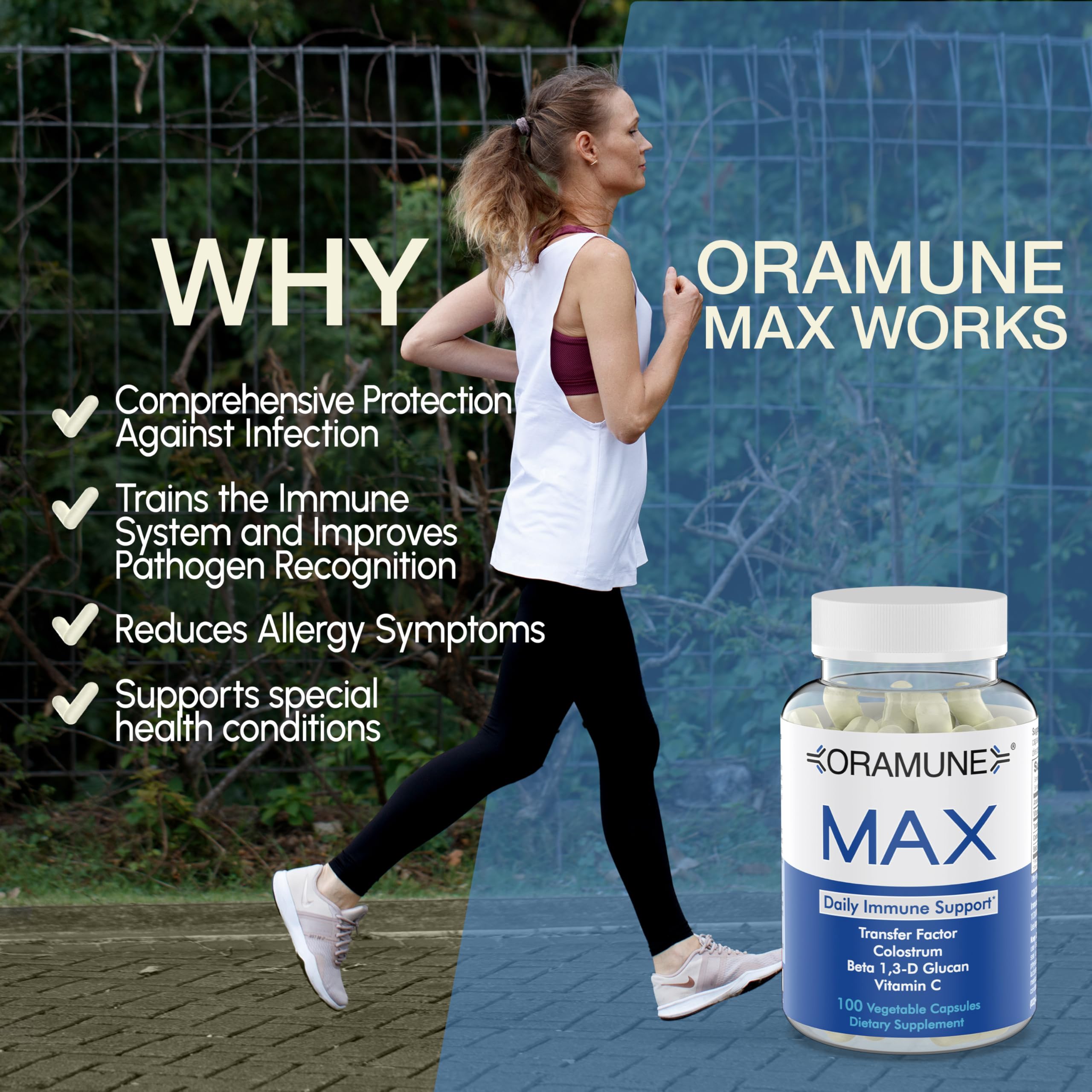 Oramune Max Support bottle pour illustrating simple daily dosing for easy daily use.