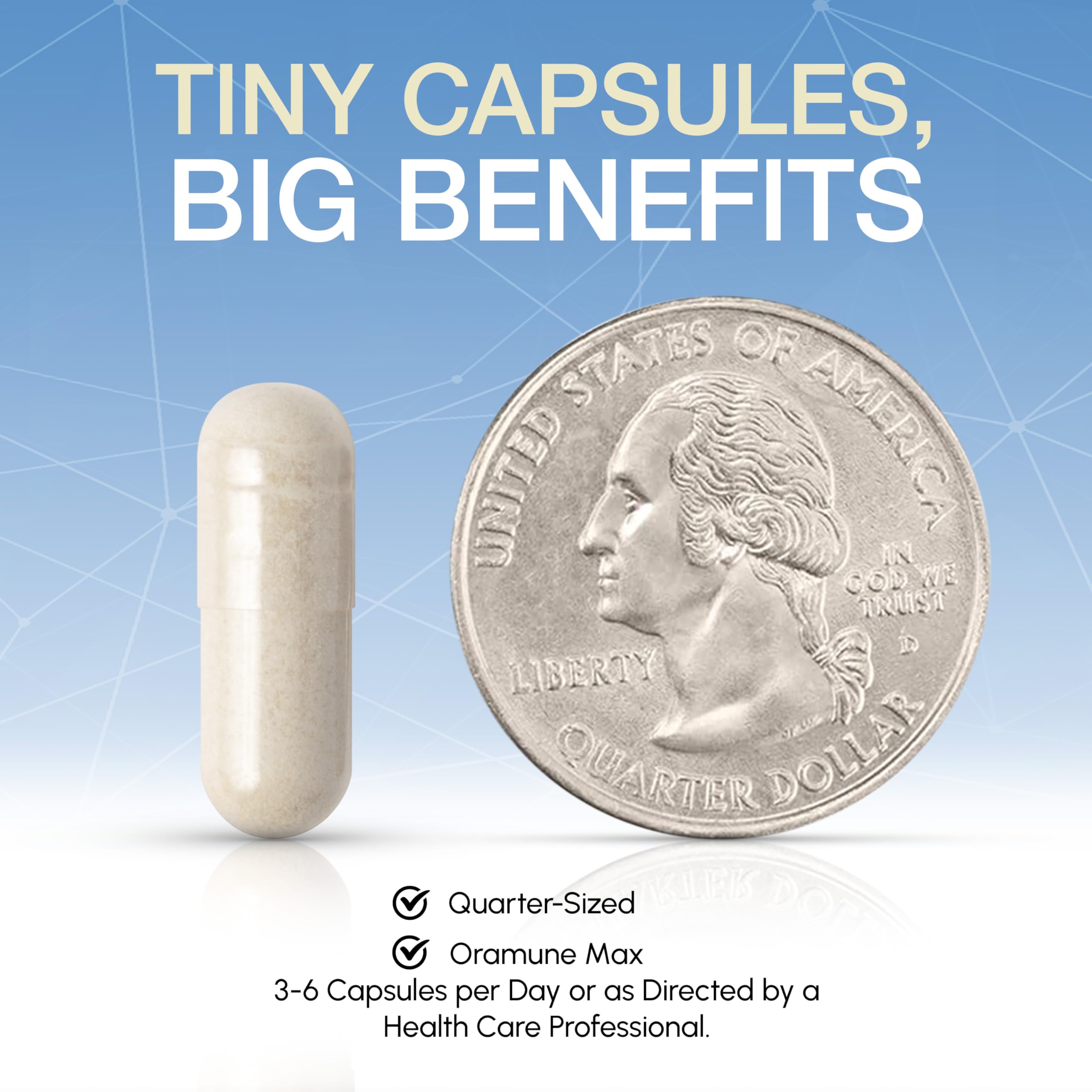 Oramune Max Support ingredient visualization showing vitamin C and colostrum for daily nutrition.