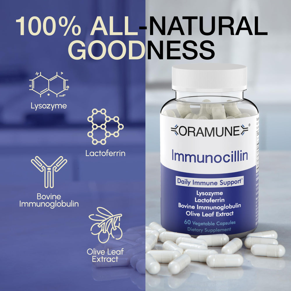 Oramune olive leaf extract label communicates natural plant-based ingredients.