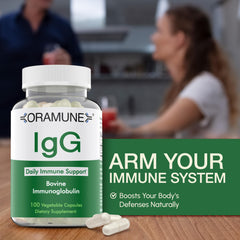 Oramune pure colostrum IgG capsules highlight gut wellness.