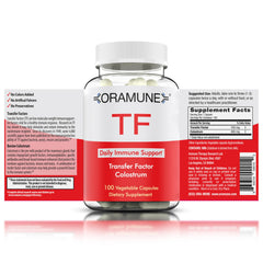 Oramune transfer factor bottle showing daily immune support potential