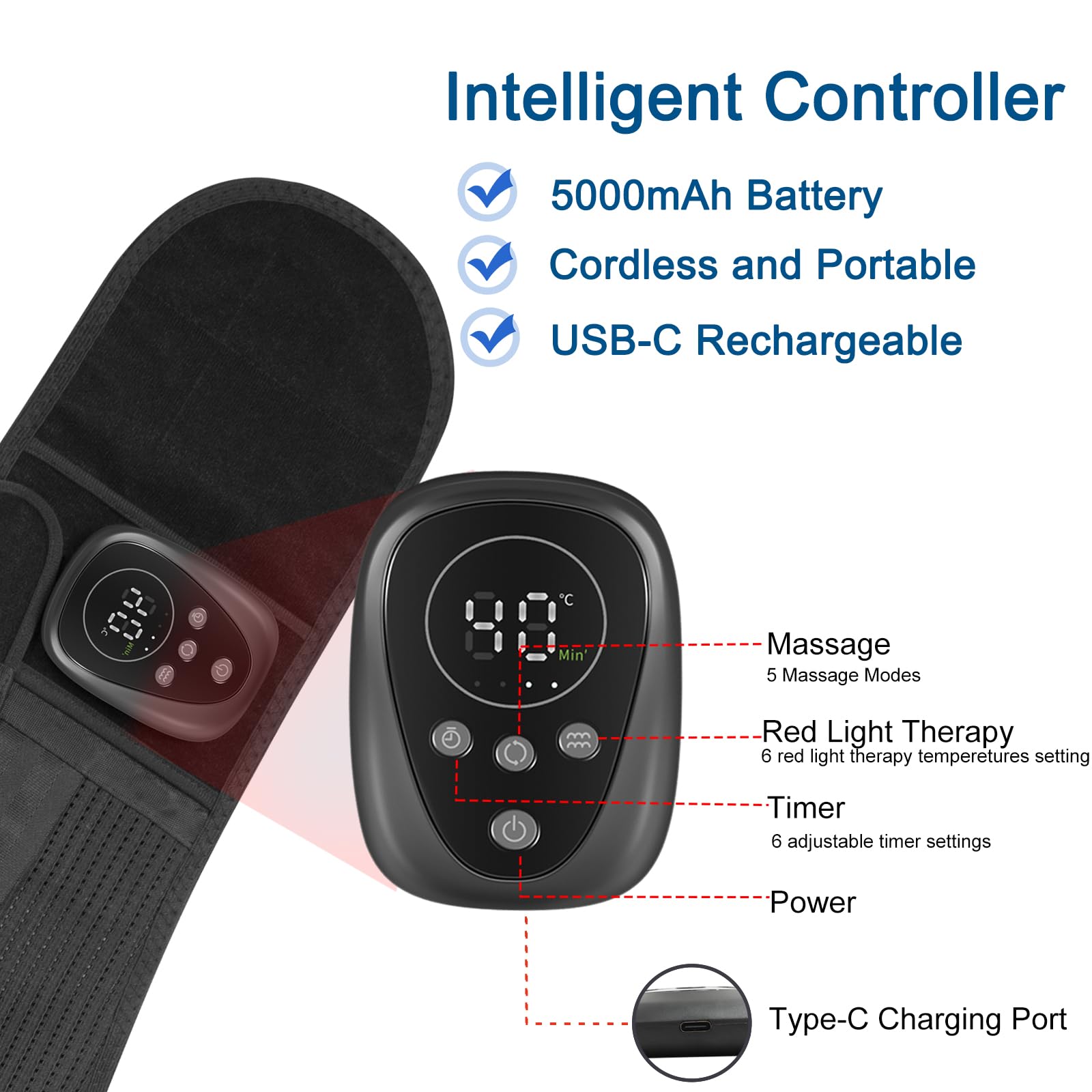 Oramuon massager belt displaying five vibration patterns for varied muscle comfort.