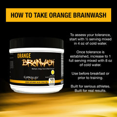 Orange Brainwash ingredient closeup highlighting caffeine, Alpha GPC, Bacopa for focus