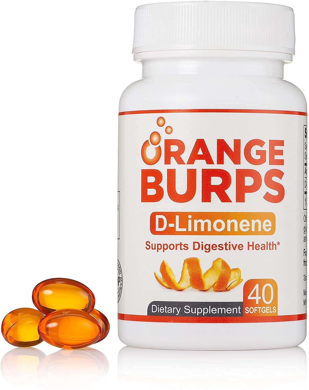 Orange Burps D-Limonene softgels in a bottle for heartburn relief and indigestion support.