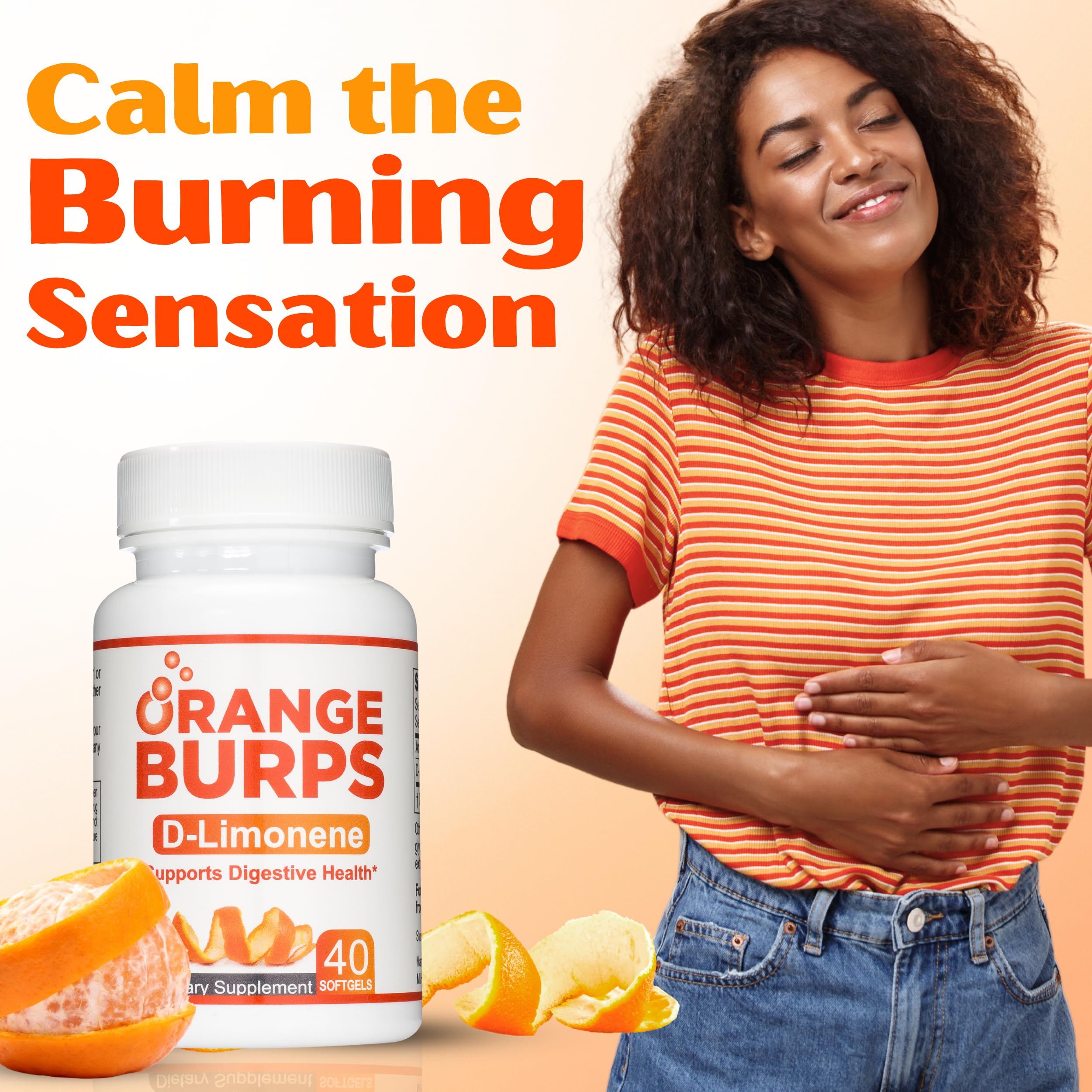 Person taking an Orange Burps capsule during a digestion routine